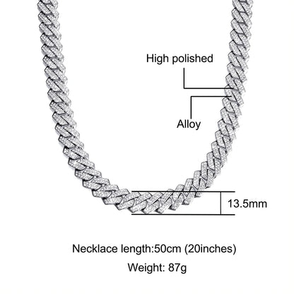 Hip Hop AAA Bling 13.5MM Prong Cuban Chain 2 Row Iced Out Men's Necklace Rhinestone Zircon Paved Necklaces For Men Women Jewelry