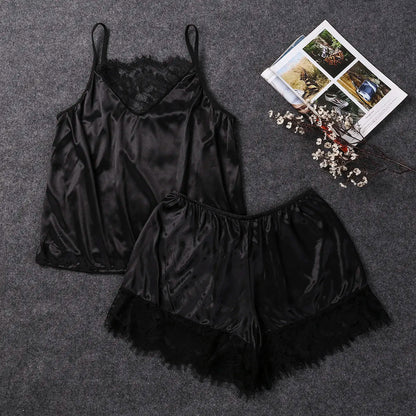 Femmes vêtements de nuit Satin Sexy dentelle pyjamas ensemble femme élégant sans manches hauts et shorts costume de nuit Pj ensemble sous-vêtements