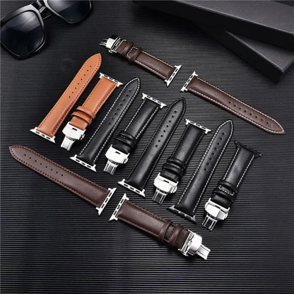 Genuine Leather Watch Straps for Apple Watch 8 7 6 SE 5 4 Butterfly Buckle Watchband 38/40/41mm 42/44/45/49mm for iwatch ultra