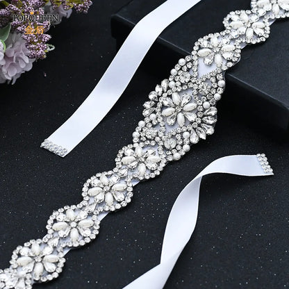 Bridal Belts Bling Wedding Women Jewelry Silver Rhinestone Pearl Crystal Sparkly Party Formal Dress Diamond Sash