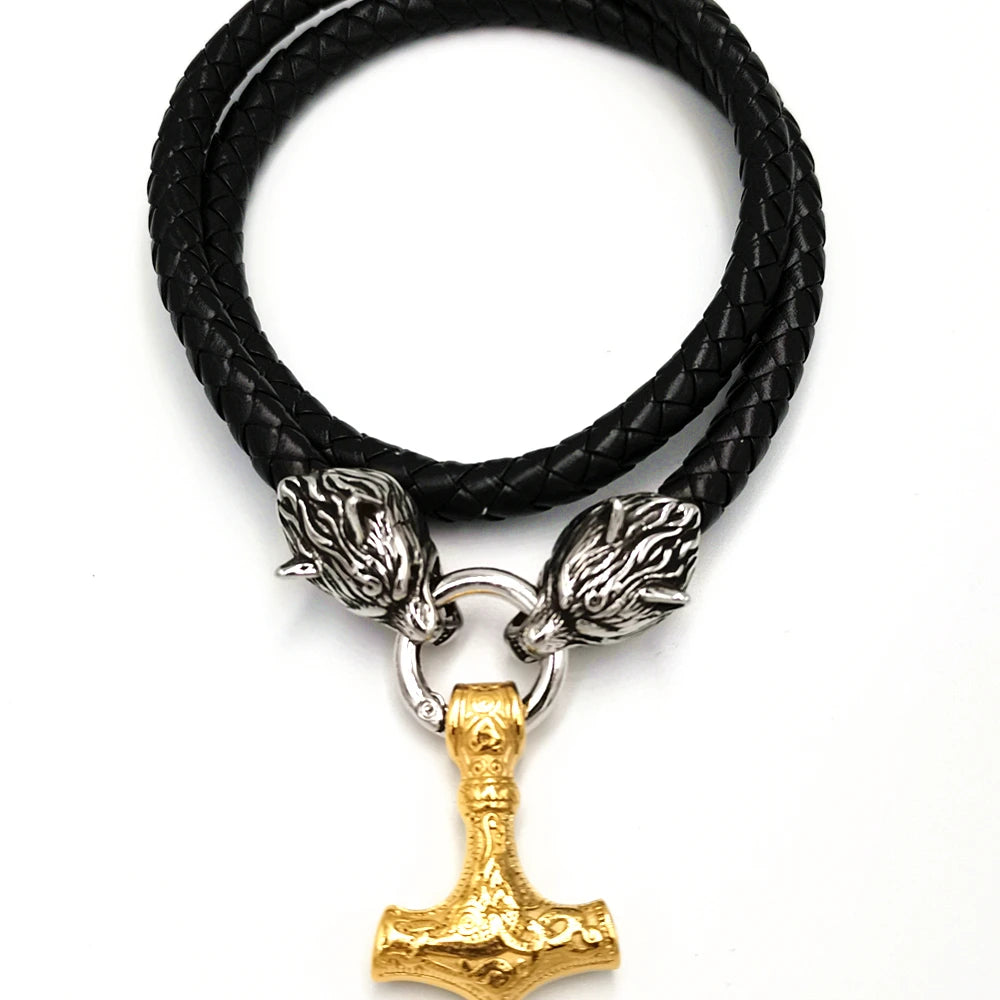 stainless steel wolf head leather chain VIKING Thor's hammer PENDANT men's necklace JEWELRY