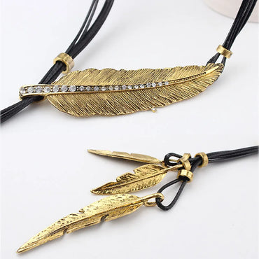 Nouveau Style bohème corde chaîne feuille plume motif pendentif pour femmes bijoux fins Collares collier de déclaration EIG88