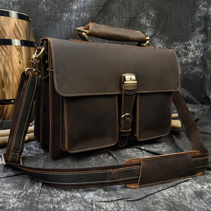 Luxury Fashion 100% Genuine Leather Men Briefcase Cow Leather Laptop Bag Vintage Shoulder Bag Real Cowhide Computer Bag 15.6"