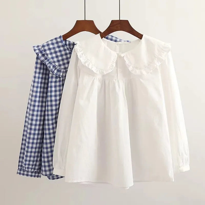 Femmes chemise à carreaux à manches longues printemps été hauts dames japonais Mori fille col claudine mignon bébé poupée coton blanc Blouses