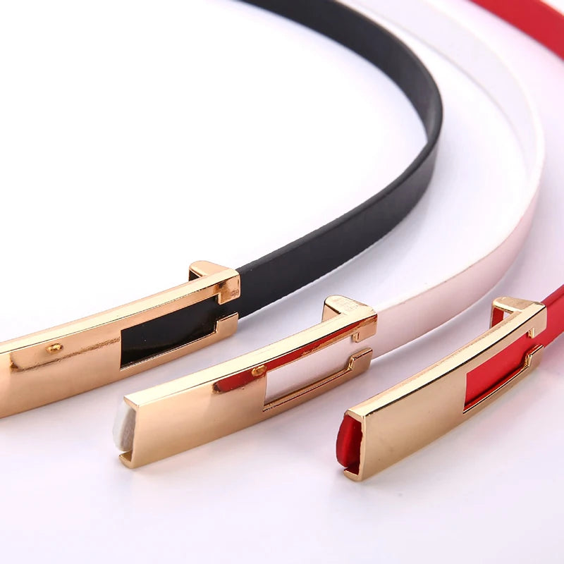 Women PU Leather Belt Solid Color Thin Skinny Waistband Metal Buckle Adjustable Belts For Lady Dress Coat Jeans Strap