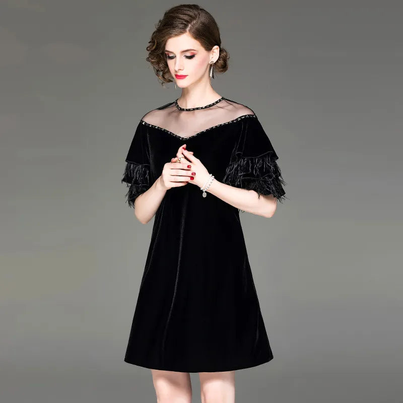 Autumn new women beaded mesh round neck velvet dress ostrich feather lotus leaf sleeve dresses