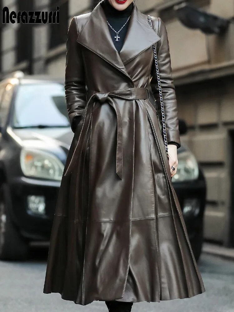 Autumn Long Brown Black Soft Faux Leather Trench Coat for Women Belt Skirted Elegant Luxury Fashion 5xl 6xl 7xl