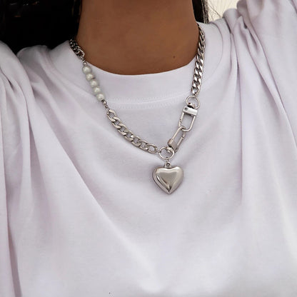 Punk Stainless Steel Heart Pendant Necklace for Women Kpop Steel Ball Lock Key Chain Necklace Gothic Jewelry