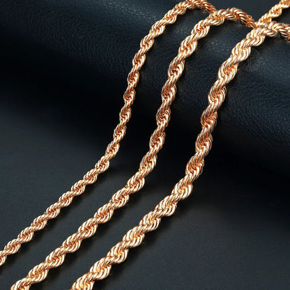 585 Rose Gold Color Women Men's Necklace Foxtail Curb Weaving Rope Snail Link Herringbone Beaded Pearl Chain 50/60cm Jewelry