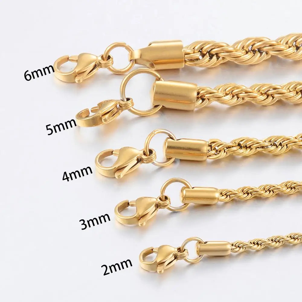 Width 2/3/4/5/6mm 316L Stainless Steel Gold Color Twisted Rope Chain Necklace For Men's and Women's Jewelry