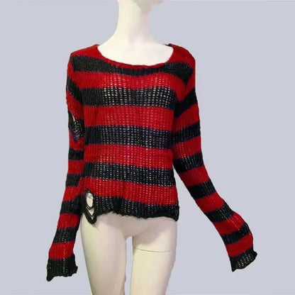 Punk Gothic Long Unisex Sweater Women Striped Cool Hollow Out Hole Broken Jumper Loose Rock Thin Dark Streetwear Top