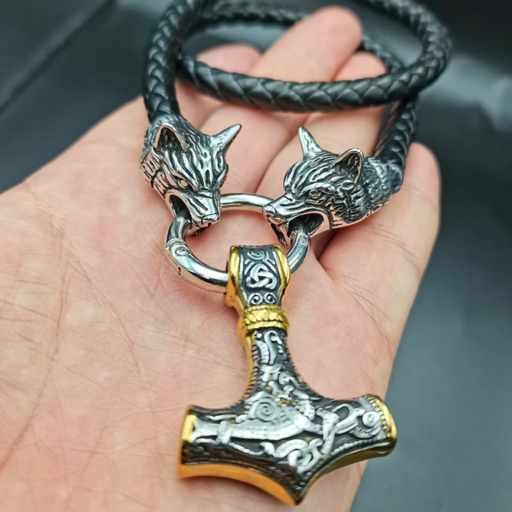 stainless steel wolf head leather chain VIKING Thor's hammer PENDANT men's necklace JEWELRY