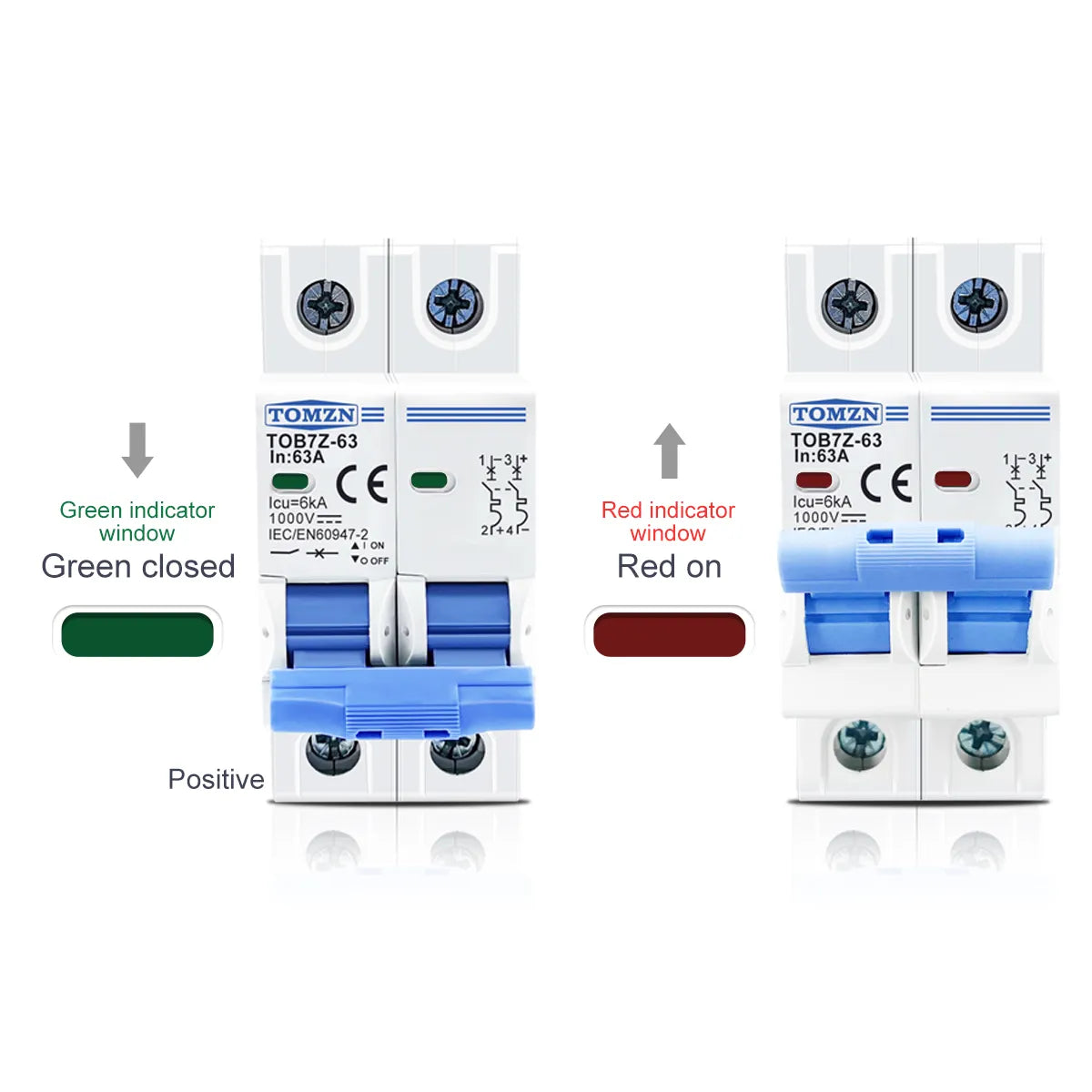 2P DC 1000V Solar Mini Circuit Breaker 3A 6A 10A 16A 20A 25A 32A 40A 50A 63A DC MCB för PV System