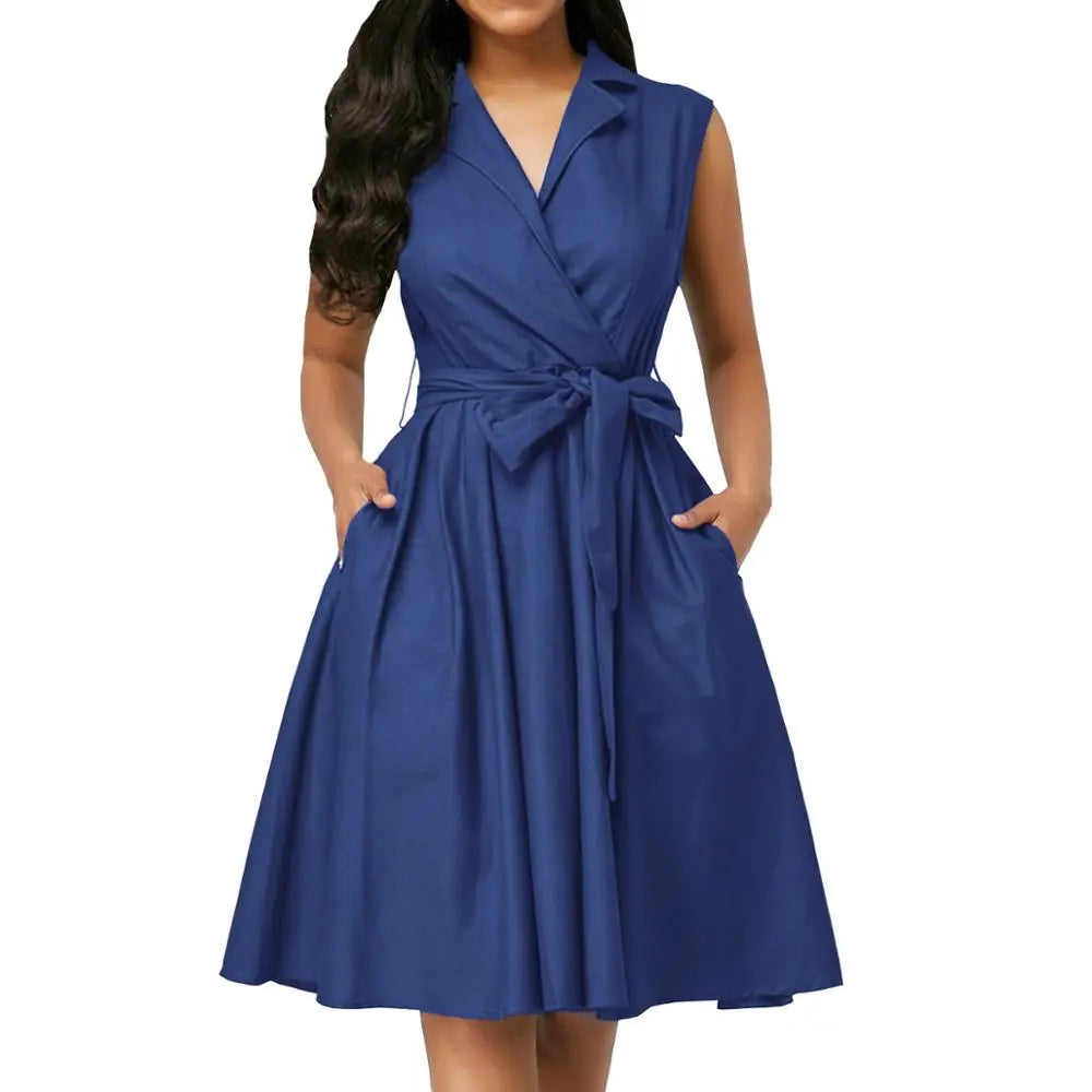 Women Dresses Sleeveless Notched Solid Navy Blue With Bow Sashes Summer A-line Beach Office Dress burgundy Party Vestidos