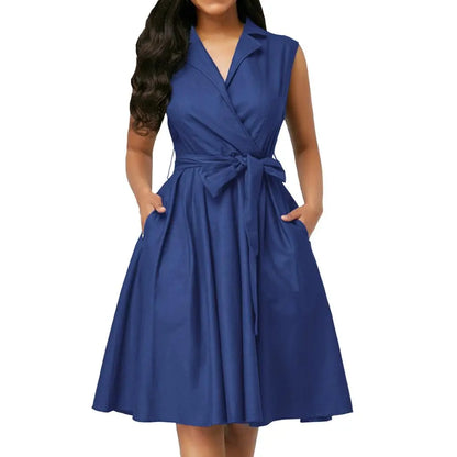 Women Dresses Sleeveless Notched Solid Navy Blue With Bow Sashes Summer A-line Beach Office Dress burgundy Party Vestidos