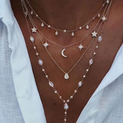 New Vintage Crystal Geometry Star Moon Lock Necklace For Women Boho Multi-level Pendants Necklaces Chokers Jewelry Gift