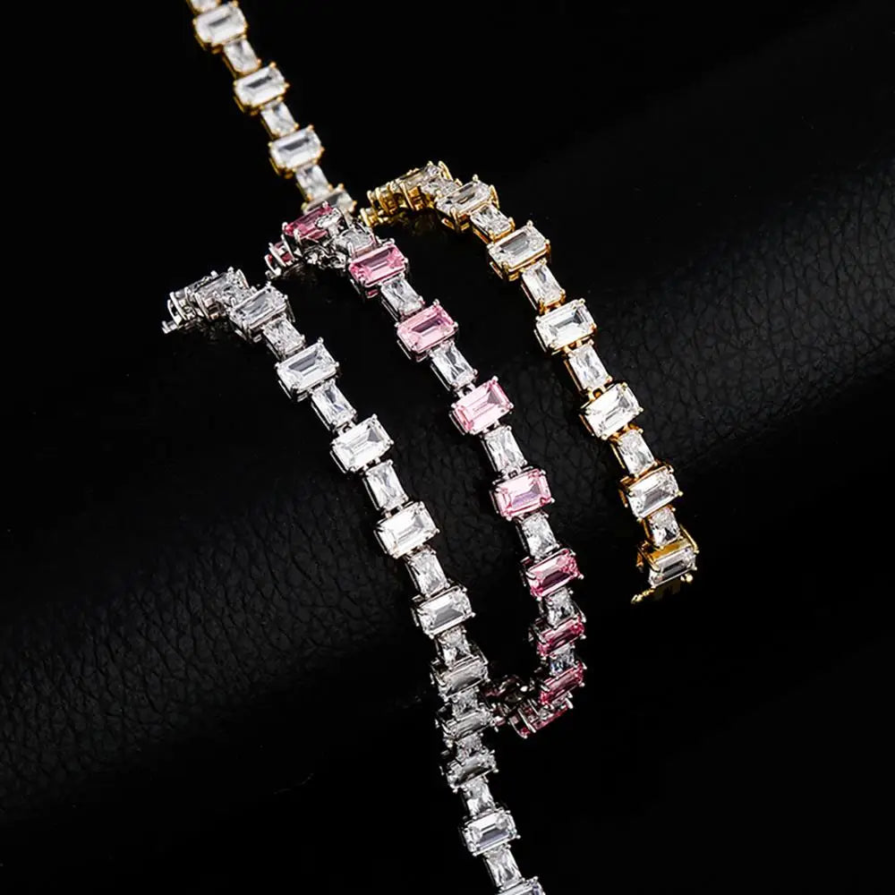 New 6MM Pink Baguette Tennis Chain Bracelet Iced Out Cubic Zirconia Hip Hop Fashion Jewelry Gift Women's Bracelet