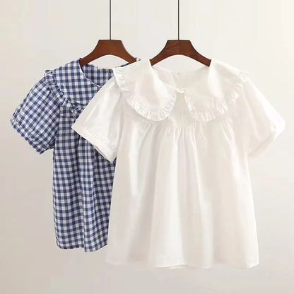 Femmes chemise à carreaux à manches longues printemps été hauts dames japonais Mori fille col claudine mignon bébé poupée coton blanc Blouses