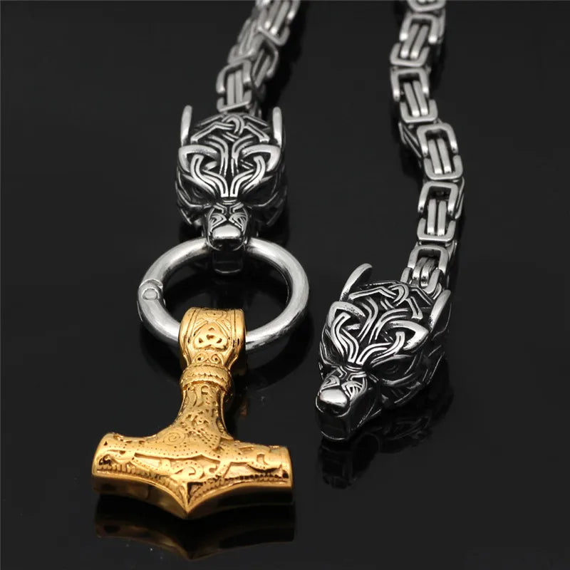 Stainless Steel Nordic Celtic Men's Necklace Viking Wolf Head Thor Hammer Pendant