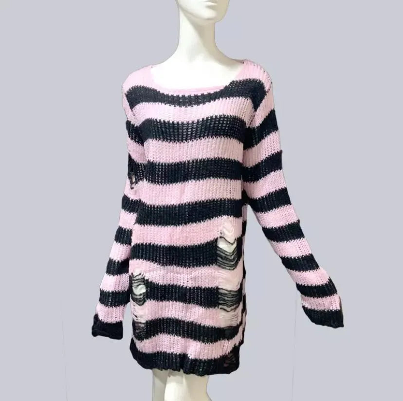 Punk Gothic Long Unisex Sweater Women Striped Cool Hollow Out Hole Broken Jumper Loose Rock Thin Dark Streetwear Top