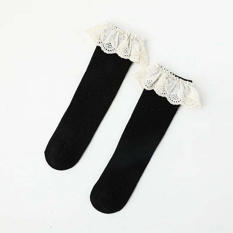 Chaussettes hautes pour bébés filles de 0 à 8 ans, chaussettes longues en coton doux en dentelle, chaussettes princesse à volants, jambières mignonnes pour filles