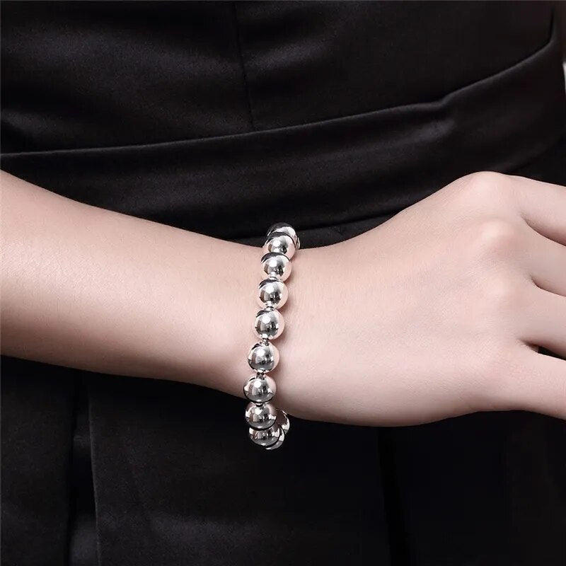 DOTEFFIL 925 Sterling Silver 8mm/10mm Silver Beaded 20cm