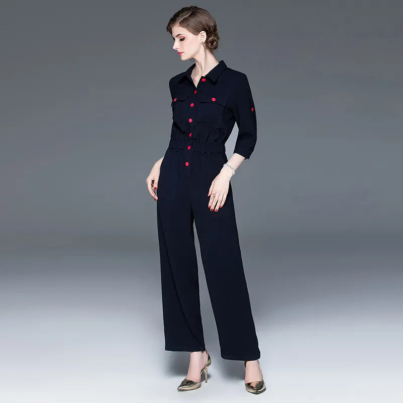 Women's autumn new fashion lapel cropped sleeves autumn section jumpsuit