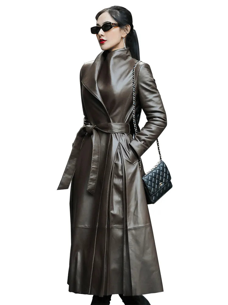 Autumn Long Brown Black Soft Faux Leather Trench Coat for Women Belt Skirted Elegant Luxury Fashion 5xl 6xl 7xl