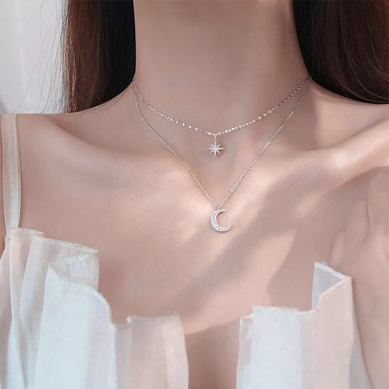 Collier Double couche en Zircon cubique pour femmes et filles, chaîne de clavicule étoile et lune, cadeau, bijoux fins, accessoires de fête de mariage