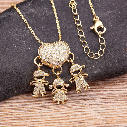 Fashion Son Daughter Heart Gold Color Cubic Zirconia Family Girl Boy Pendant Necklace Copper Chain Jewelry For Mother Gift