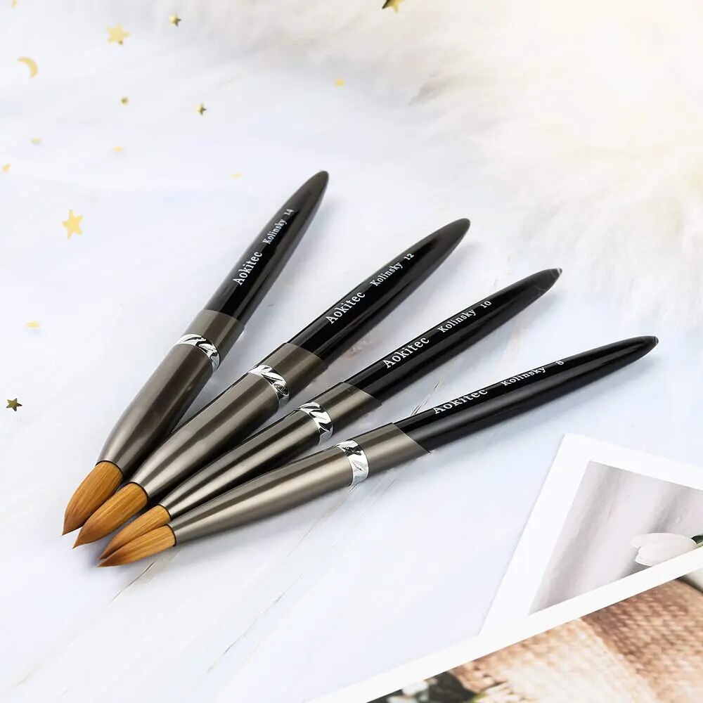 Aokitec Kolinsky Acrylic Nail Brush 1Pcs Black UV Gel Polish Nail Art Extension Builder Pen Drawing Brushes Modle 08-22/06-14