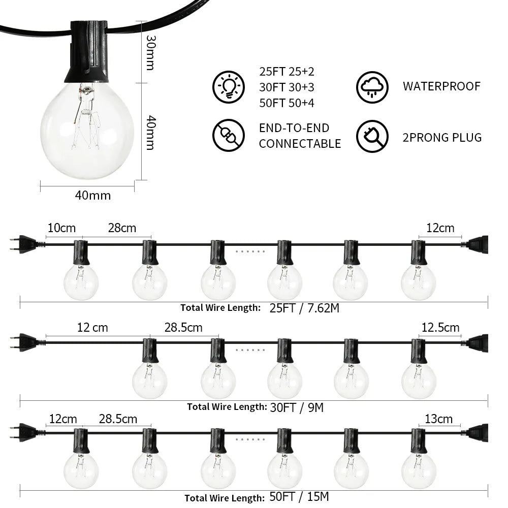 50 Ft uteplats String Light G40 Globe Festoon Lights Utomhus Fairy Light Retro gatukirland för bröllop Trädgårdsdekoration