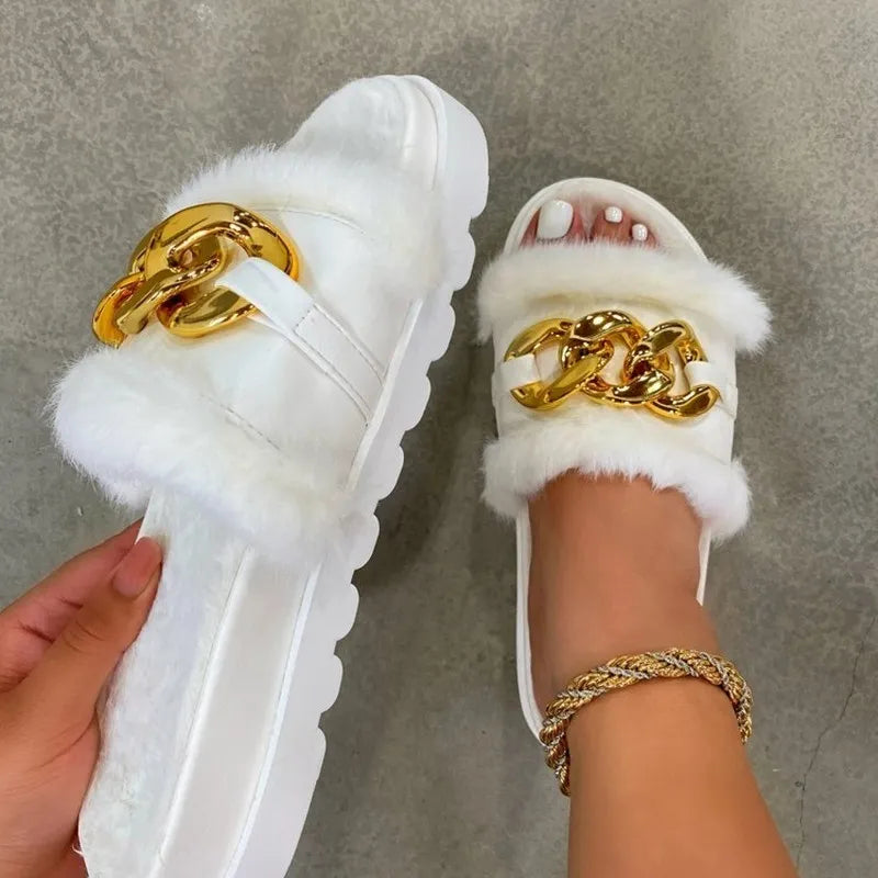 Winter Plush Slippers Fashion Open Toe Solid Color Women's Sandals Metal Chain Outdoor Casual Women's Shoes  Fashion Shoes