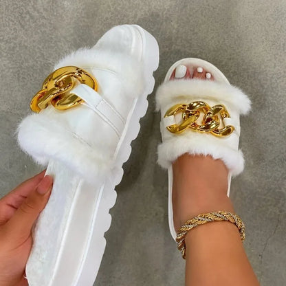 Winter Plush Slippers Fashion Open Toe Solid Color Women's Sandals Metal Chain Outdoor Casual Women's Shoes  Fashion Shoes