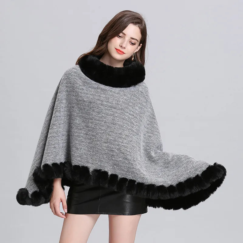 10 Colors Velvet Warm Pullover Cloak Winter Hole Faux Rabbit Fur  Street Wear Women Capes Solid Poncho Knitted O Neck Loose Coat