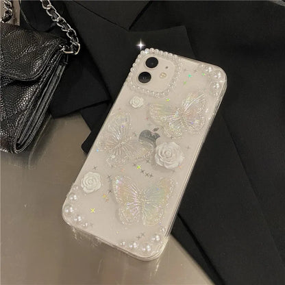 Cute 3D Bow Pearl Rose Phone Case For iPhone 15 14 13 12 11 Pro XS Max XR X 8 7 Plus Se Sequins Soft Shockproof Cover