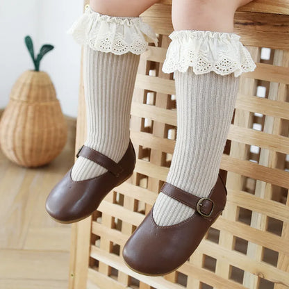 Chaussettes hautes pour bébés filles de 0 à 8 ans, chaussettes longues en coton doux en dentelle, chaussettes princesse à volants, jambières mignonnes pour filles