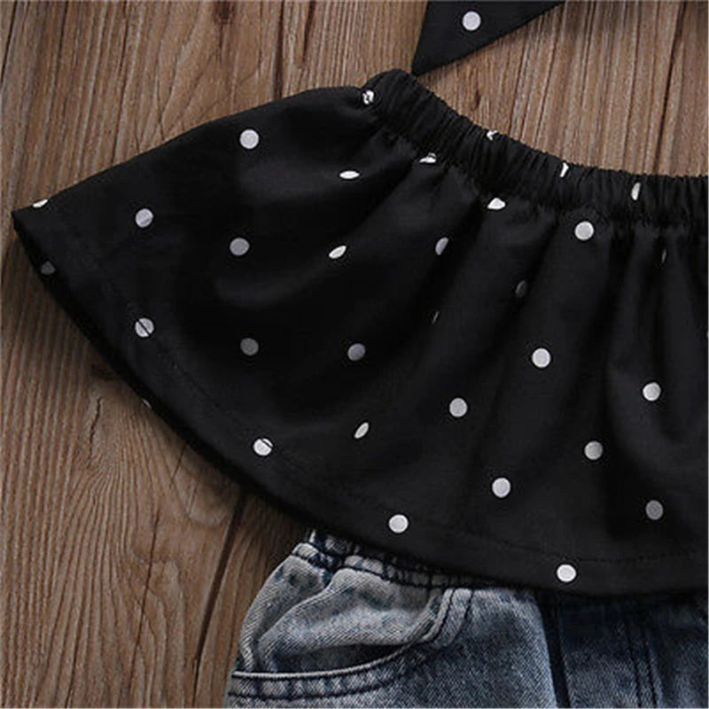 3pcs Baby Girl Summer Clothes Set Dot Sleeveless Top Vest Hole Jeans Pants Bow Headband Outfits Fashion Casual Kids Clothing Set