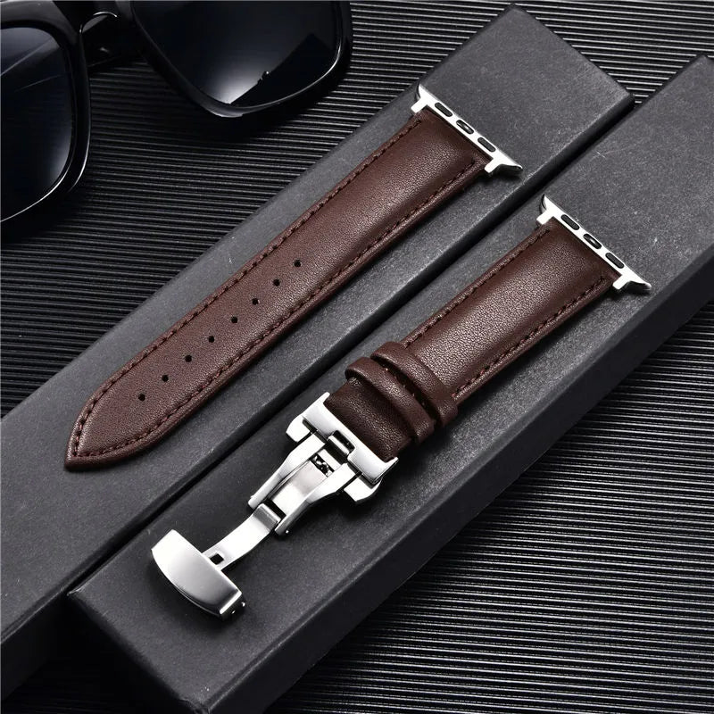 Genuine Leather Watch Straps for Apple Watch 8 7 6 SE 5 4 Butterfly Buckle Watchband 38/40/41mm 42/44/45/49mm for iwatch ultra