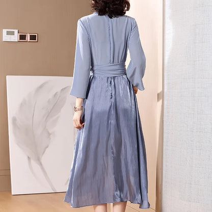 Spring and summer women's fashion V-neck nine point sleeve irregular silk silk dress