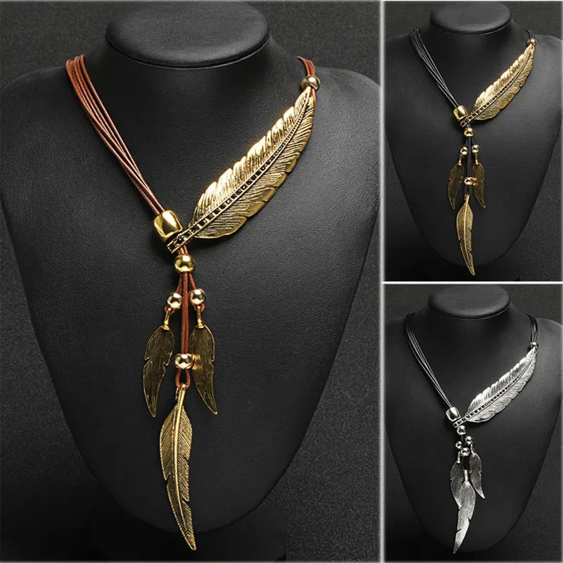 Nouveau Style bohème corde chaîne feuille plume motif pendentif pour femmes bijoux fins Collares collier de déclaration EIG88