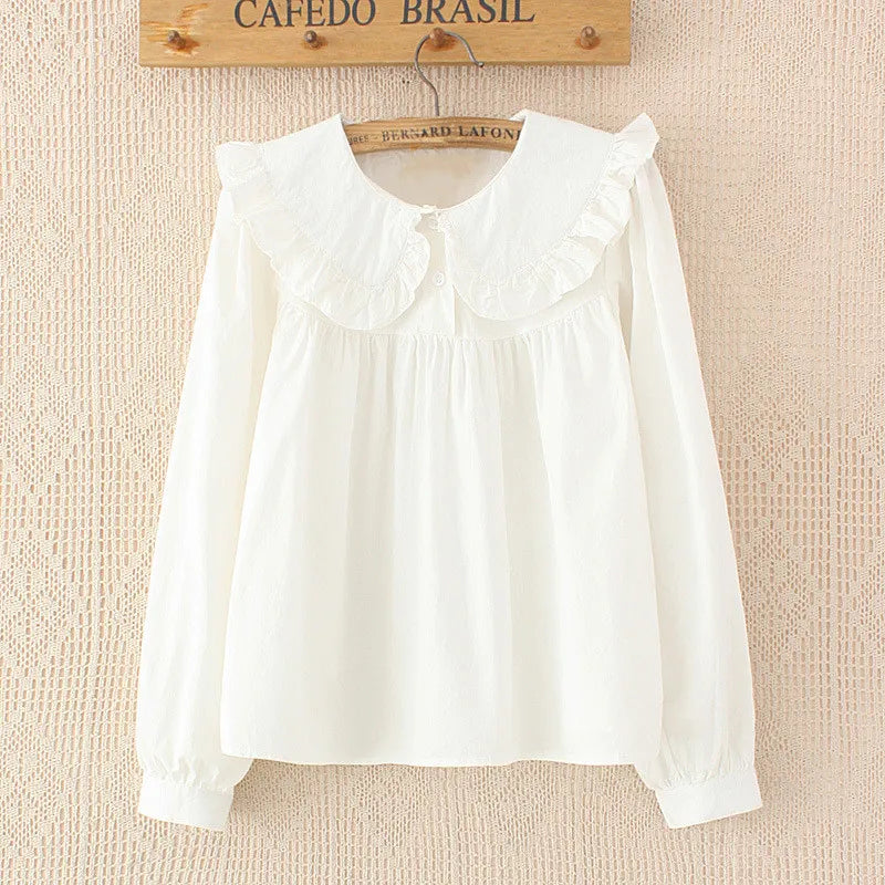 Femmes chemise à carreaux à manches longues printemps été hauts dames japonais Mori fille col claudine mignon bébé poupée coton blanc Blouses