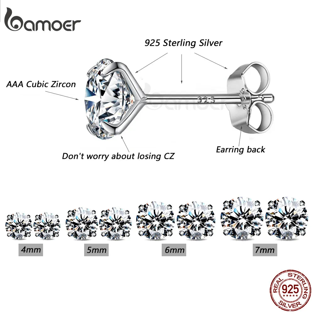 Bamoer – boucles d'oreilles à tige en argent Sterling 925 plaqué platine, rondes, zircone cubique, hypoallergéniques, 4mm, 5mm, 6mm, 7mm, BSE166