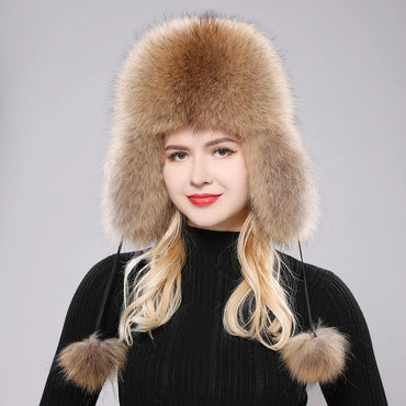 100% Real Fox Fur Hats Women's Russian Ushanka Aviator Trapper Snow Skiing Hat Caps Earflap Winter Raccoon Fur Bomber Hat