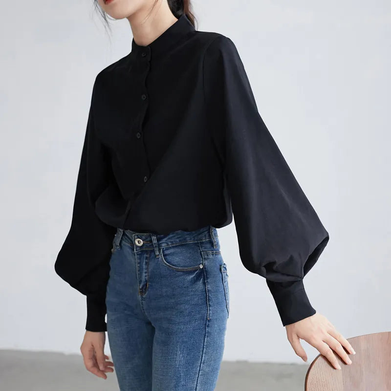 Big Lantern Sleeve Blouse Women Autumn Winter Single Breasted Stand Collar Shirts Office Work Blouse Solid Vintage Blouse Shirts