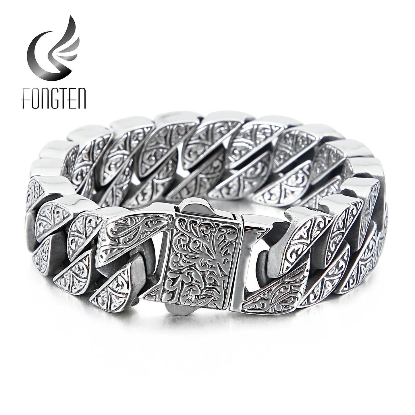 Fongten Vintage Bracelet For Men Unique Carving Cuban Link Chain Stainless Steel Men's Bracelets Bangle Viking Fashion Jewelry