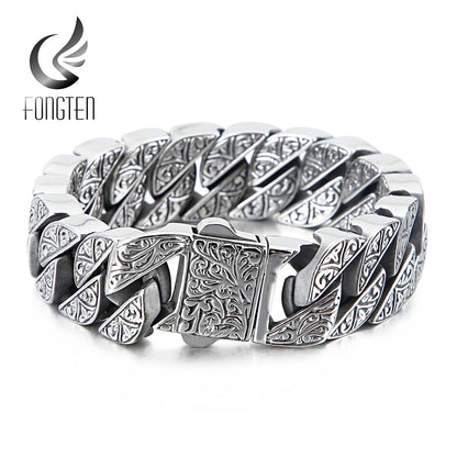 Fongten Vintage Bracelet For Men Unique Carving Cuban Link Chain Stainless Steel Men's Bracelets Bangle Viking Fashion Jewelry