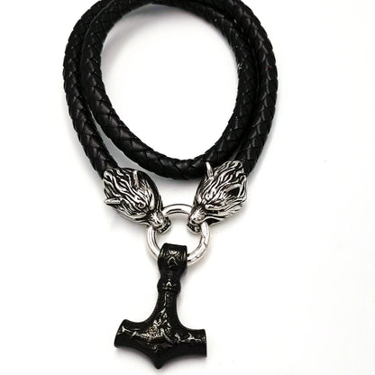 stainless steel wolf head leather chain VIKING Thor's hammer PENDANT men's necklace JEWELRY