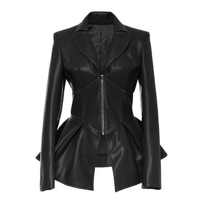 Biker Style Patchwork Irregular Jacket Women Lapel Collar Long Sleeve High Wait Tunic Female Coat