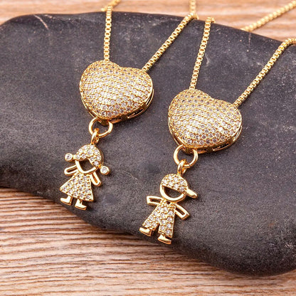 Fashion Son Daughter Heart Gold Color Cubic Zirconia Family Girl Boy Pendant Necklace Copper Chain Jewelry For Mother Gift